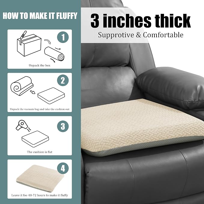 HOMBYS Tufted Furry Recliner Seat Cushion for Elderly Foam Curved Edge Large Square Seat Cushion for Recliner Chair, Floor Pillow, Office Chair, Car, No Pressure on Thighs(Beige) - Image 7