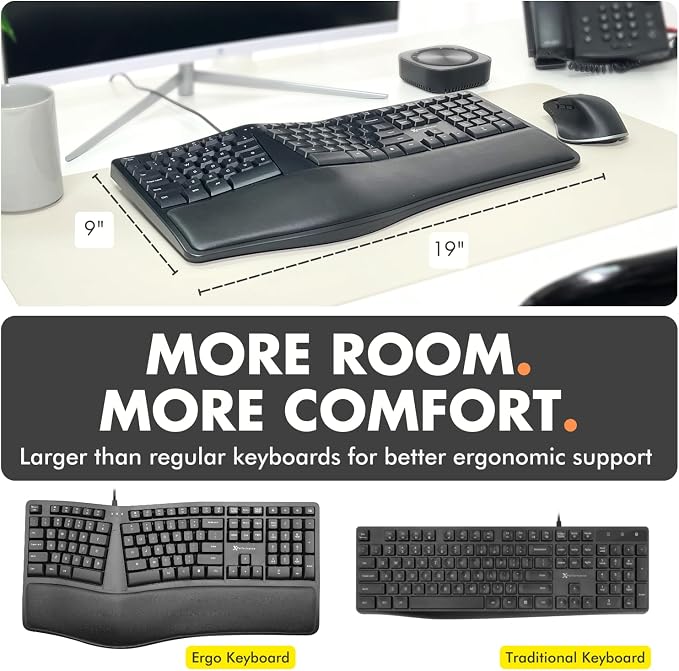 X9 Wired Ergonomic Keyboard with Cushioned Wrist Rest - Type Comfortably Longer - USB Wired Split Keyboard for Laptop, PC & Chrome Computer with 110 Ergo Keys & 5ft Cable - Image 7