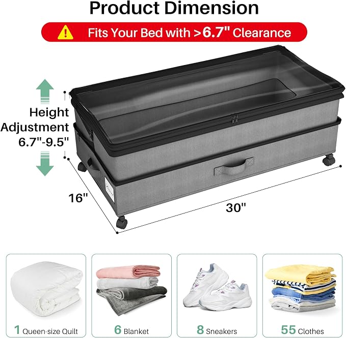 Kitstorack Under Bed Storage with Wheels 2Pack Height-adjustable Under Bed Storage Containers,Under Bed Shoe Storage Organizer with Clear Window&Label, Suitable for Clothes Storage, Gray - Image 2