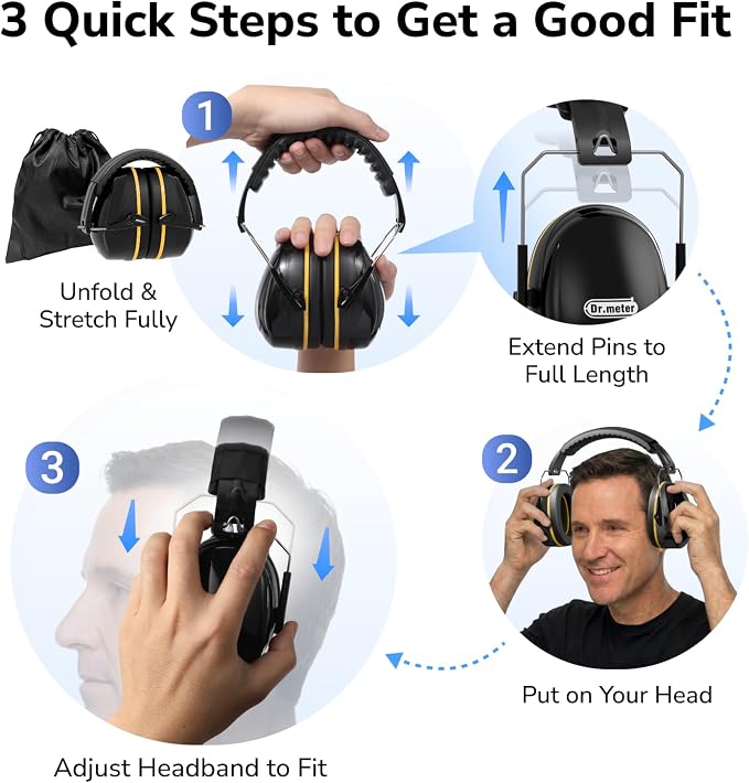 Dr.meter Hearing Protection Ear Muffs, 31dB Noise Reduction Safety Earmuffs with Adjustable Headband for Adults Kids Autism Sensory, Ear Muff for Yard Work, Mowing or Hunting Black 2PACK - Image 8