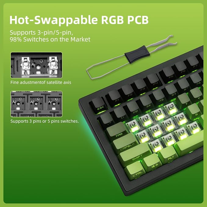 ZORNHER ZH870 Wireless Mechanical Gaming Keyboard,80% Green Custom Creamy Sound Keyboard with Shine Through PBT Keycaps,Pre-lubed Linear Switches,Hot-Swappable,RGB Backlit,2.4GHz/USB-C/BT5.0 - Image 4