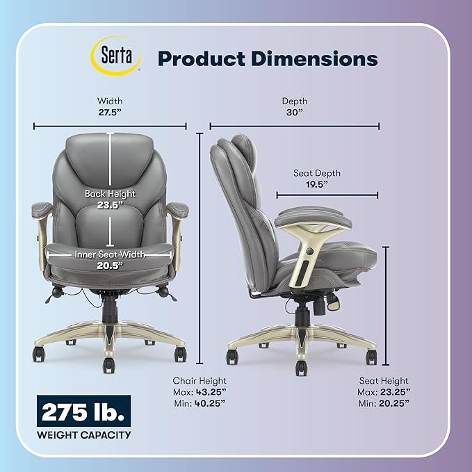 Serta Ergonomic Home Office Chair Pivot Lumbar Support, Leather Desk Chair | Claremont, Adjustable Arms, Height & Tilt, Foam Seat & Headrest Cushion, Work From Home Gaming Chair lower Back Pain, Gray - Image 3