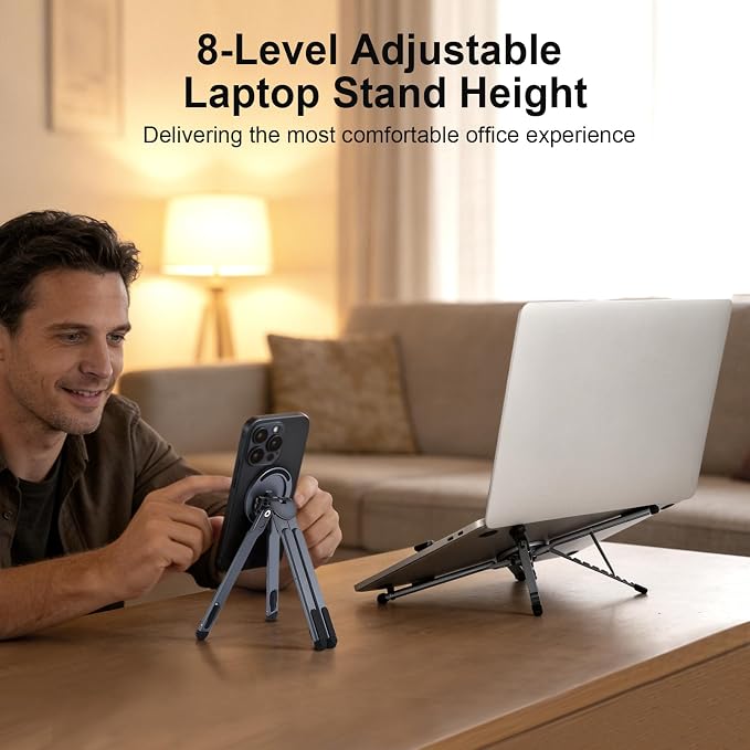 3-in-1 Foldable Magnetic Phone Tripod Stand, Portable Aluminum Alloy Adjustable Holder for Tablet, Laptop MacBook Pro/Air 10–16", Magnet Phone Mount Compatible with MagSafe iPhone Android - Image 3