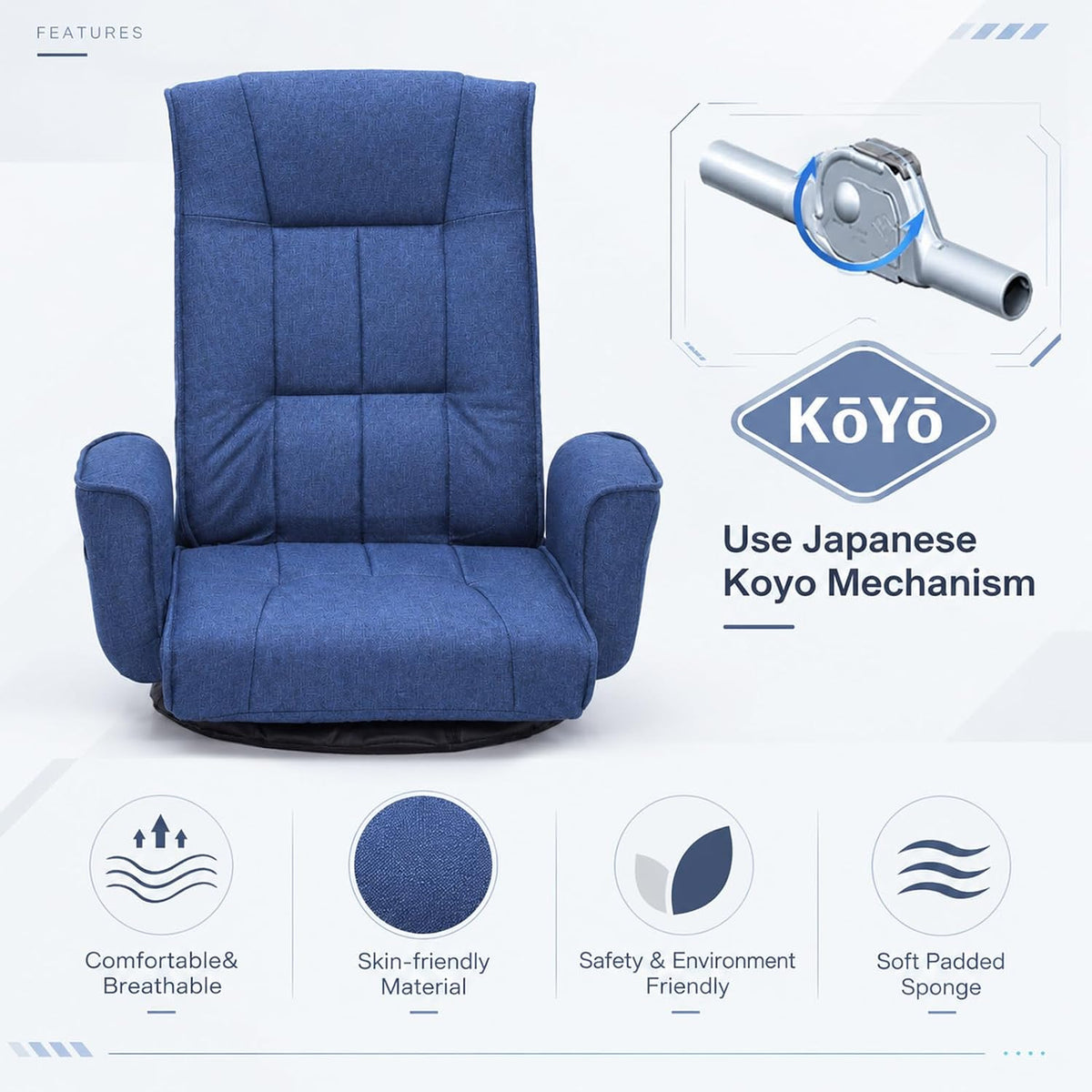 360° Swivel Floor Chair, Adjustable Reclining Floor Gaming Chair with Armrests, Linen Fabric Folding Lazy Sofa Chair, Multi-Position Floor Prayer Chair for Meditation Reading Napping, Blue - Image 3