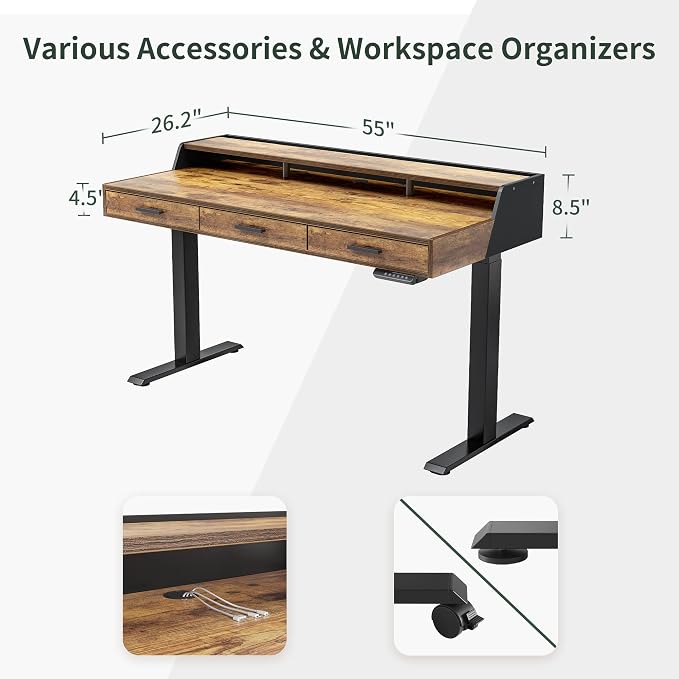 CubiCubi Standing Desk 55x26 Inches with 3 Wood Drawers and Monitor Shelf, Ergonomic Rising Home Office Desks, Height Adjustable Computer Desk, Sit Stand Up Electric Workstation Table, Antique Brown - Image 3