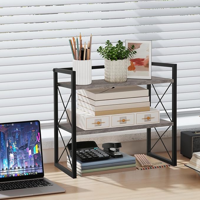YINMIT Desktop Shelf Organizer, 2 Tier Office Shelves, Wood Desk Organizer Storage Rack and Freestanding Display Shelf for Office, Dormitory, Home (Grey) - Image 2