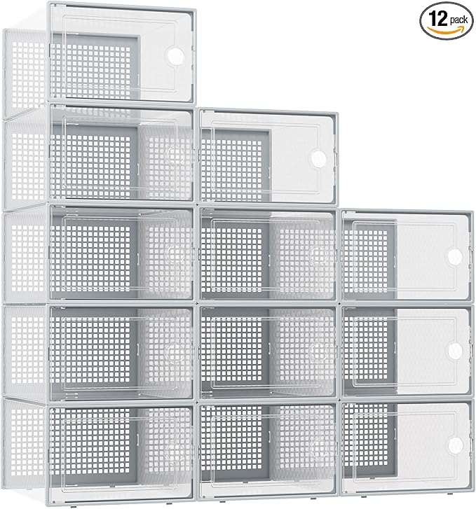 Kuject XX-Large Shoe Storage Boxes 12 Pack, Clear Stackable Shoe Organizer | Shoe Case for Closet, Entryway & Under-Bed Storage, Drop-Front Design, Space-Saving Solution for Family Organization,Grey by Kuject