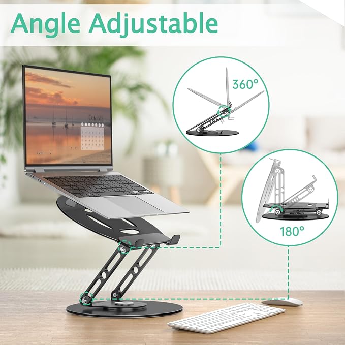 Laptop Stand for Desk Adjustable Computer Stand with 360 Rotating Base Ergonomic Laptop Riser Mount for Desk Foldable Protable Computer Desk Fits with MacBook Pro Air, Round Black - Image 6