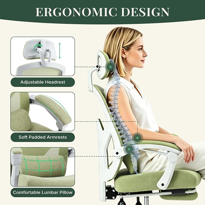Ergonomic Office Chair with Footrest, Computer Gaming Chair | Adjustable Headrest, Lumbar Support, Swivel Reclining, Padded Armrest, Mesh High Back, Home Desk Work Study, Green - Image 4