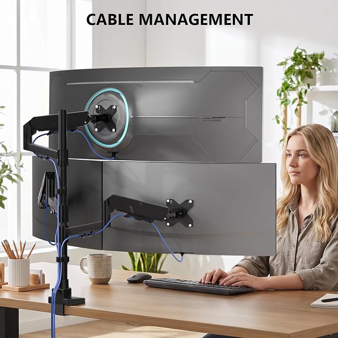WALI Stacked Triple Monitor Mount for 49" UItrawides and Dual 34" Monitors | Heavy Duty 3 Monitor Arm up to 33 lbs, Full Motion with Tilt, Swivel, Rotation, C-Clamp & Grommet Base, VESA 75/100mm, Black - Image 7