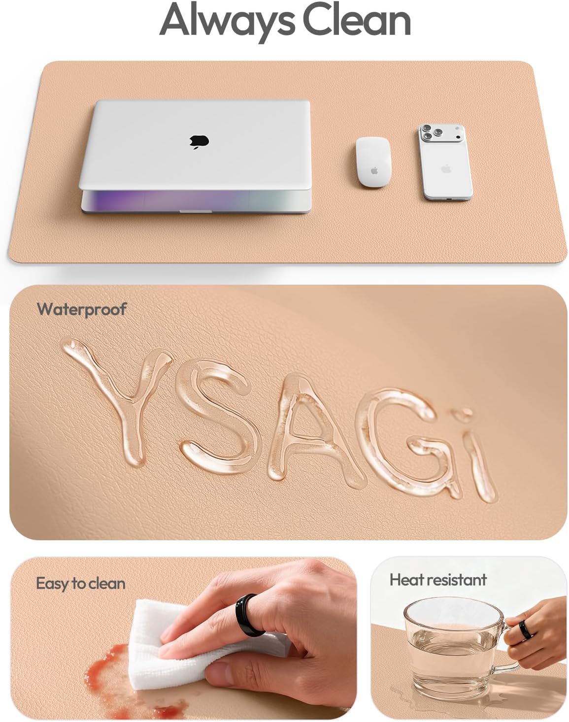 YSAGi Leather Desk Protector, Office Mat, Large Mouse Mat, Non-Slip PU Leather Blotter, Laptop Desk Mat, Waterproof Writing Pad for Office and Home(Latte, 63" x 17.2") - Image 7