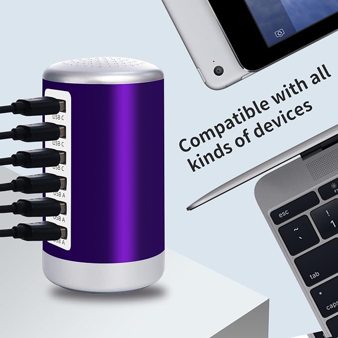 60W USB Charging Station with 6-Port (3 USB-A & 3 USB-C) for iPhone 12/13/14, Tablets & Smartphones - Purple - Image 2
