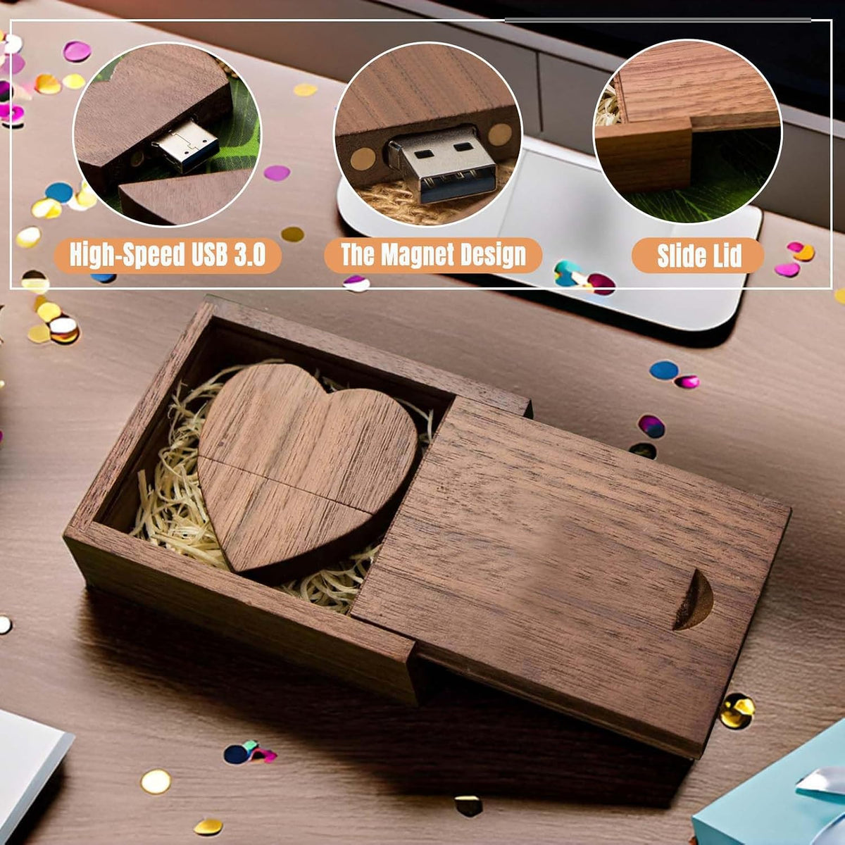 Heart Shaped Wood USB Flash Drive 64GB USB3.0 with Gift Box, FEWINA Wooden USB Drive 64GB 3.0 Super-Speed JumpDrive Wooden Box Ideal Gift for Birthday/Anniversary/Wedding (Walnut) - Image 4