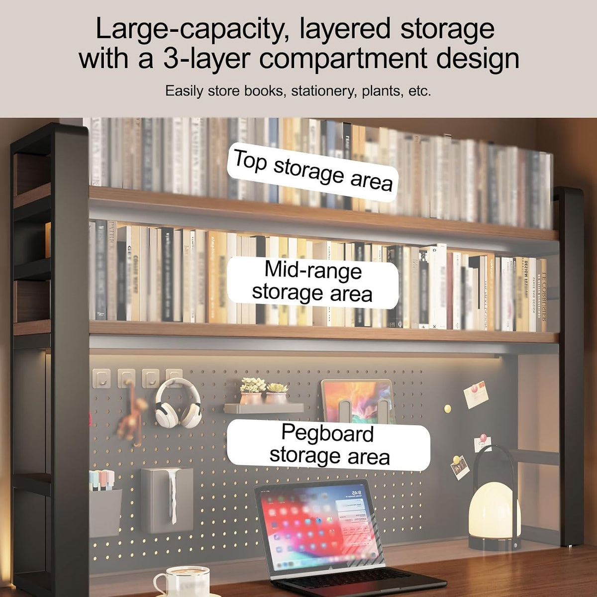 Desktop Bookshelf with Pegboard, Clamp On Desk Shelf, with Multipurpose Design, Dorm Bookshelf, Storage Shelf, for Office Desk Organization(Black,95 * 93cm/37.4 * 36.6in) - Image 3