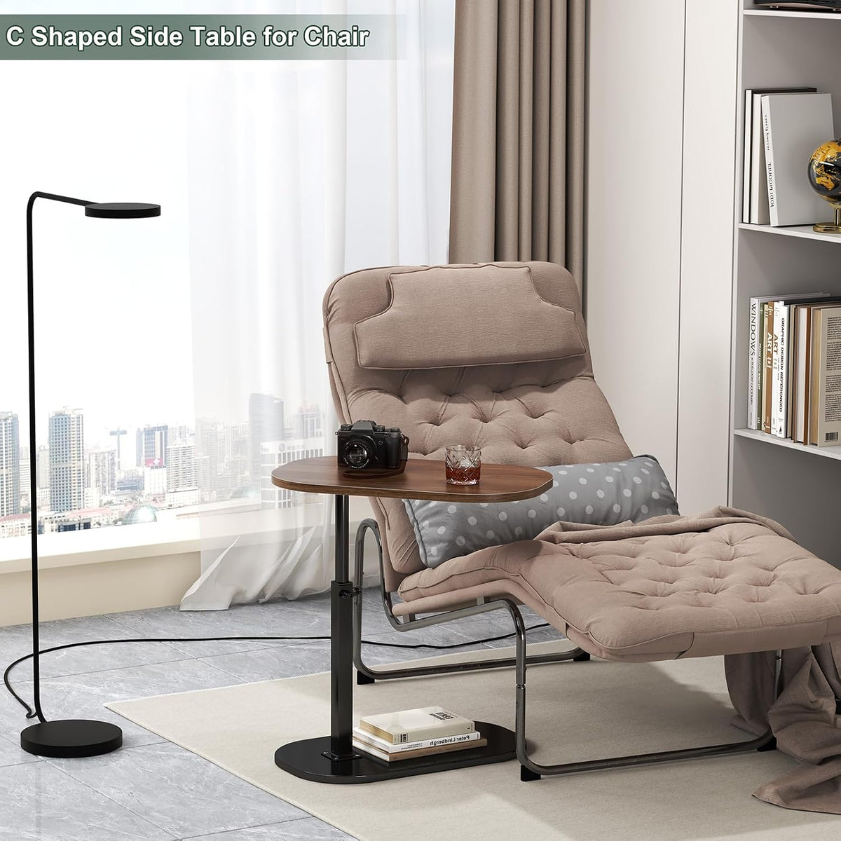 C Shaped Side Table, Adjustable Height C Shaped End Table, 360°Swivel Couch Side Tables that Slide Under, Modern Small Coffee C Table End Table for Sofa/Bed/Bathtub, Rotating Tabletop (Walnut) - Image 7