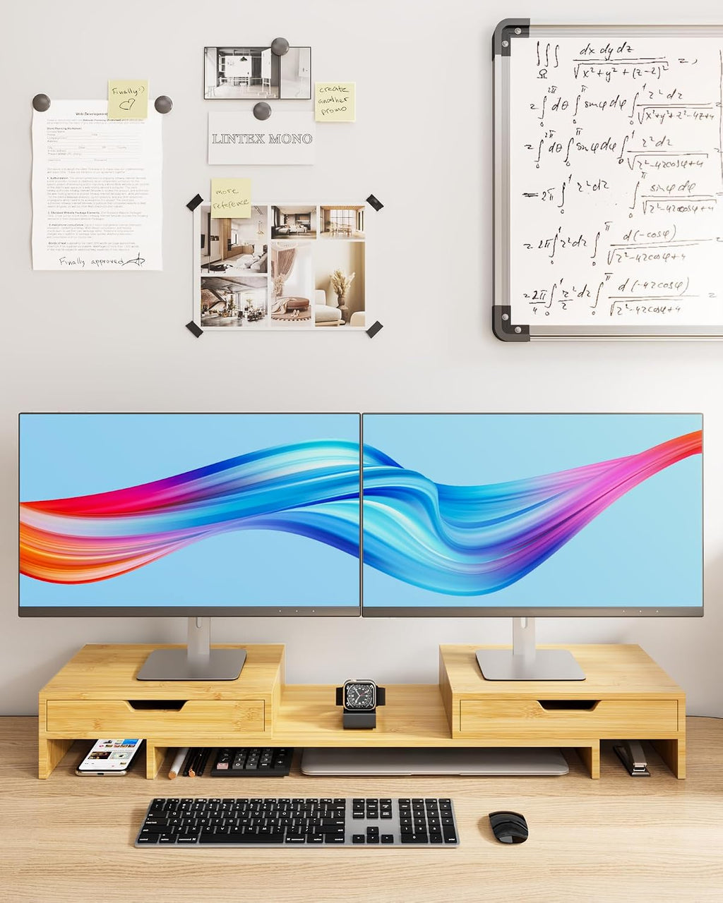 Epesoware Dual Monitor Riser with Two Drawer for Desk, No Assembly Required - Image 7
