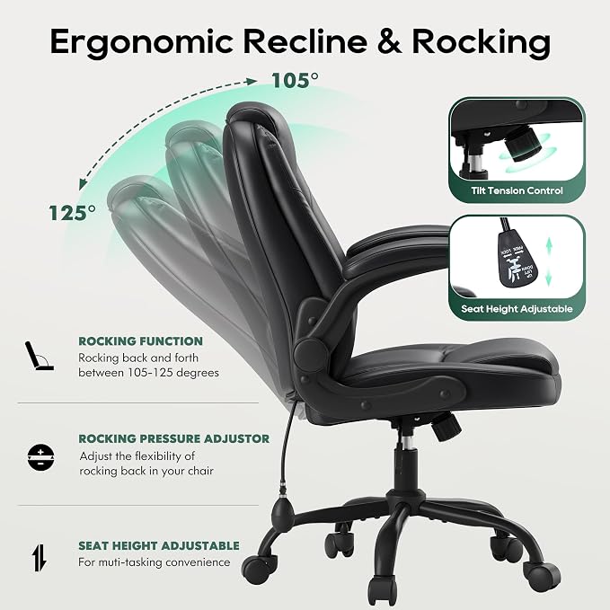 MALOL Leather Office Chair with Adjustable Lumbar Support Set of 2, Black | Computer Desk Chair with Thick Cushion, Flip-Up Arms and Ergonomic Back, Comfy Executive Office Chair for Home Office Gaming - Image 4