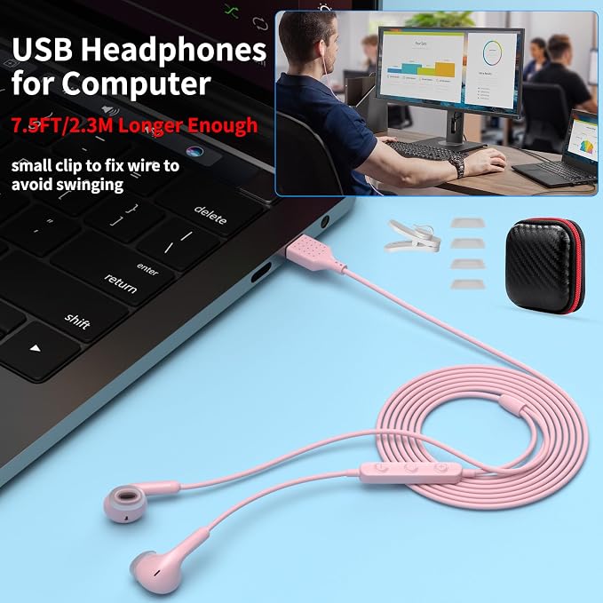 USB Earbuds for PC,Headphones with Microphone for Computer,Pink | Wired USB Headset with Mic Audio Control,Noise Isolating Stereo Laptop Earphones for Dell/HP/Surface PC Office Zoom Working - Image 3