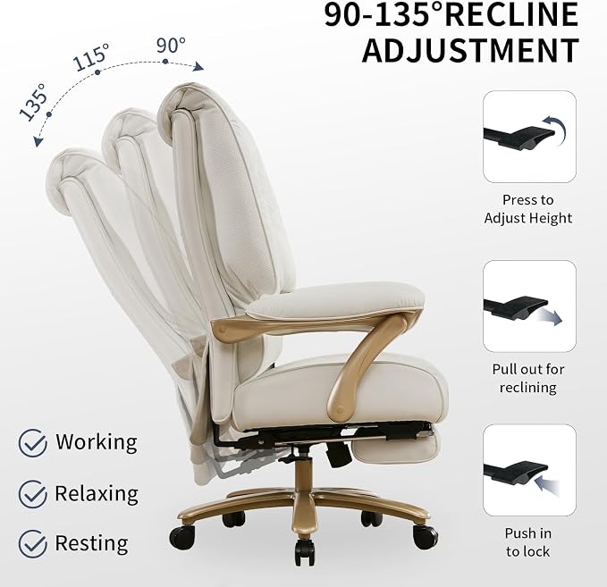 EXCEBET Big and Tall Executive Office Chair with Footrest, 400LBS Capacity Ergonomic High-Back Desk Office Chair with Lumbar Support, Padded Armrests & Thick Cushion, White PU Leather Chairs - Image 5