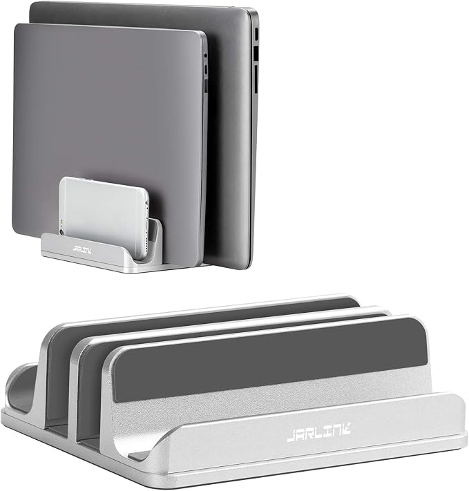 JARLINK 4-in-1 Adjustable Vertical Laptop Stand, Aluminum Holder, Silver | Space-Saving Aluminum Laptop Holder, Compatible with All MacBook, Surface, Chromebook, Phone, and Gaming Laptops. by JARLINK