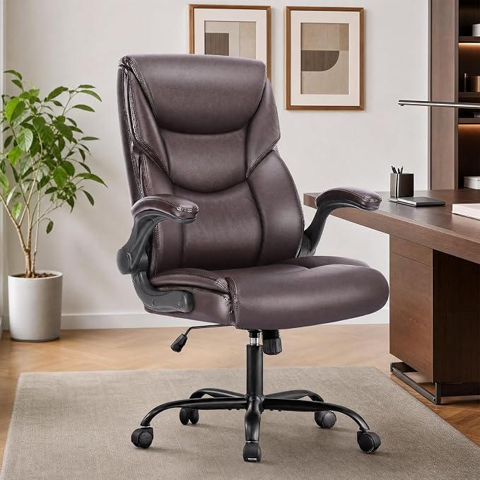 Sweetcrispy Heavy Duty Office Chair, Gaming Desk Chair 2 Pack | Flip-Up Arms, Adjustable Height, PU Leather Swivel Rolling Wheels, Dark Brown - Image 7