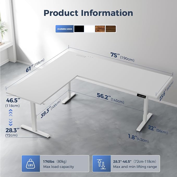 Klicelor L Shaped Standing Desk 75 x 61 Inch,Electric Height Adjustable Corner Desk with Cable Management & Power Outlets, Ergonomic Sit Stand Up Computer Table for Home Office,White - Image 3