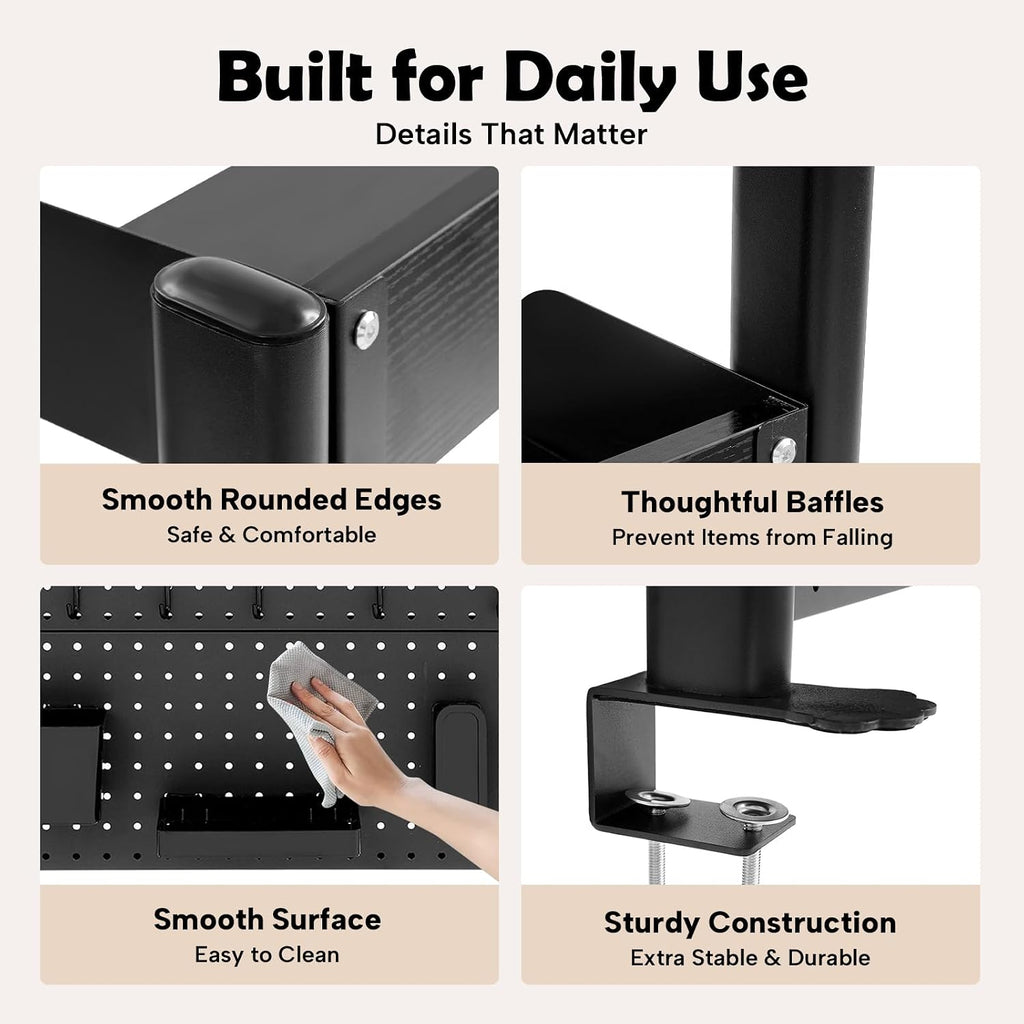 Desk Pegboard, Clamp On Desk Organizer Shelf, Desktop Bookshelf Storage Shelves, Privacy Panel for Home Office Dorm Gaming Desk, Carbon Steel, 39.4" x 37.4", Black - Image 7