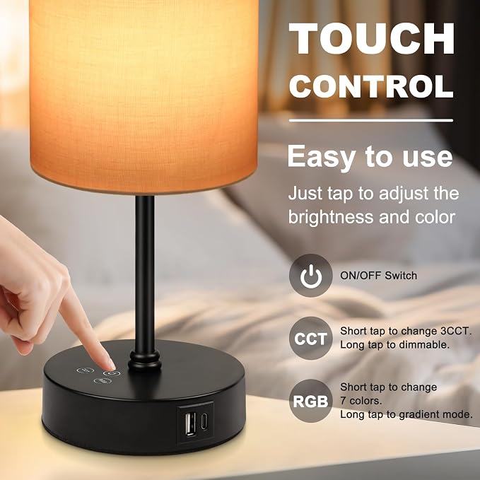 Table Lamp for Bedroom, 3 Color Temperatures, 7 RGB Colors, Adjustable Brightness, Dual USB Charging Ports, Ambience Nightstand Light with Pink Shade, Desk Lamp for Kids Reading Home Office - Image 8