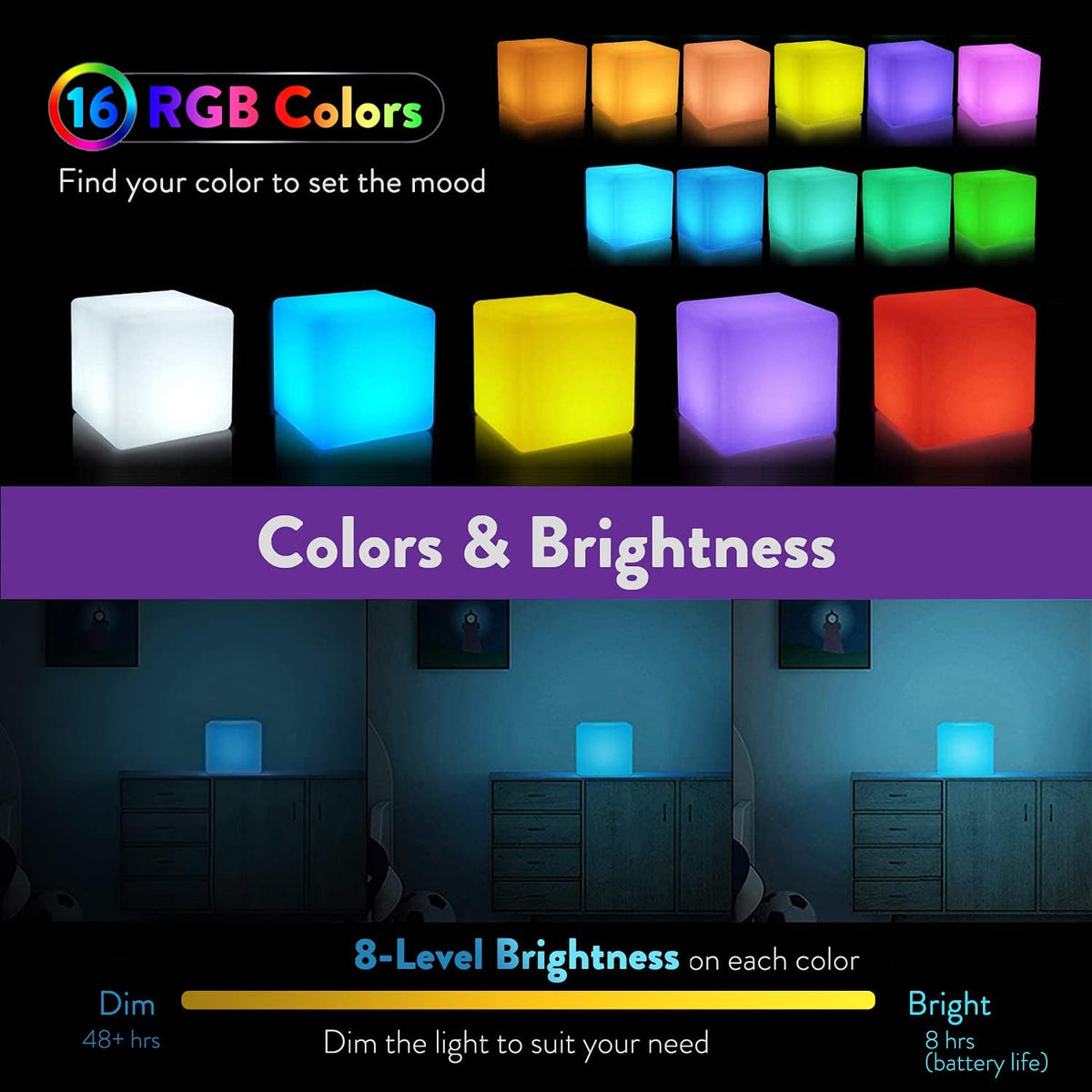 4-inch LED Cube Light, Dimmable Kids Night Light Mood Lamp w/Remote - Image 3