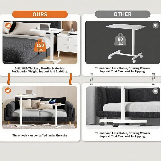 Mobile Small Standing Desk with Hidden Wheels, Pneumatic Laptop Desk, Rolling Computer Cart Movable, Portable Rolling Computer Sit Stand Side Table for Couch, Home, Office, White - Image 7