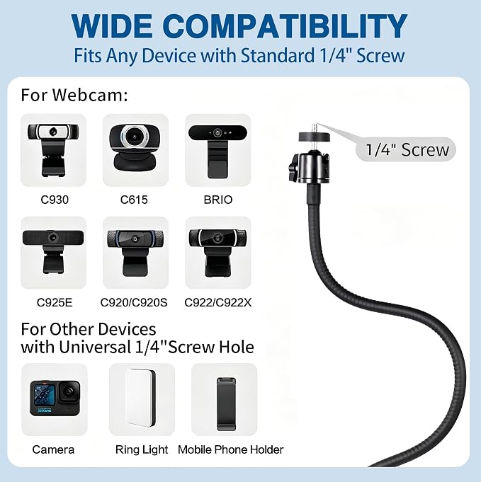 Webcam Stand Mount, Flexible Gooseneck Webcam Arm Stand with Desk Camera Mount Clip Clamp for Logitech C922 C930e C920S C920 C615 C960 C920x Brio 4K NexiGo N60 and More - Image 4