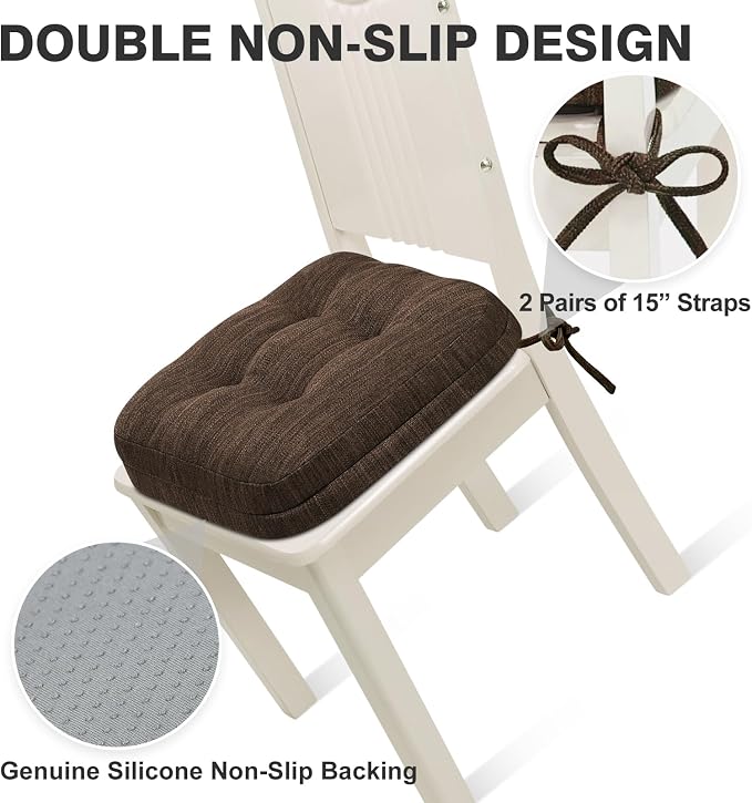 Shinnwa Dining Chair Cushions Set of 6, Dual-Layer Memory Foam Kitchen Chair Cushions, Patented Design Seat Pads with Ties, 16.5 x 16.5 x 3.5in, 6 Pack, Dark Brown - Image 5