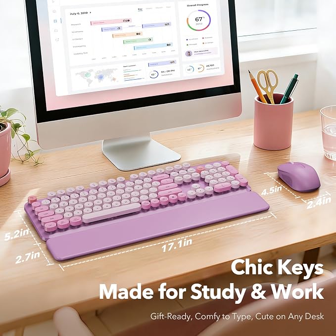 Wireless Keyboard Mouse Combo, Purple, Round Keycaps, Magnetic Wrist Rest | Full-size typewriter-style keyboard, 3 DPI mouse, auto sleep, 2.4GHz for Mac Windows PC laptop, lavender purple, Trueque CK23 - Image 8