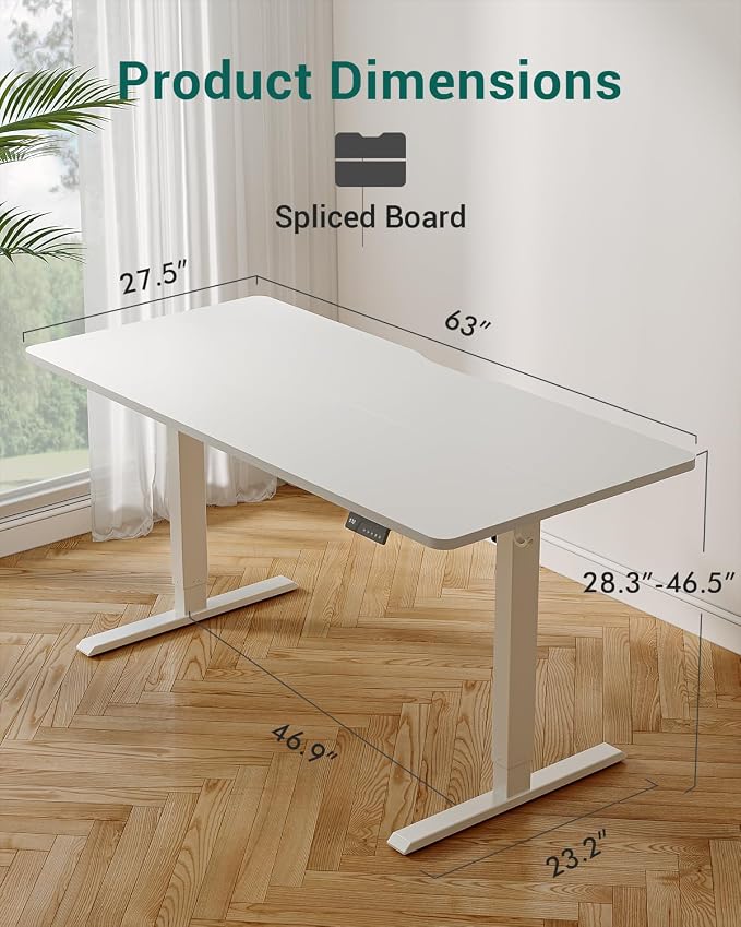 CubiCubi 63 x 28 Large Standing Desk, Height Adjustable Electric Computer Desk, 28" Deep Desktop, Sit Stand up Home Office Workstations with Preset Heights, White - Image 3