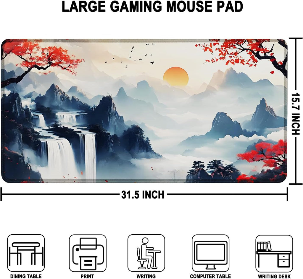Large Gaming Mousepad, Waterproof Extra Large Mouse Pad with Stitched Edges, 31.5" x 15.7" Non-Slip Rubber Base Office Big Long Keyboard Pad for Office Gamer Home XXL, (Mountains Waters) - Image 3