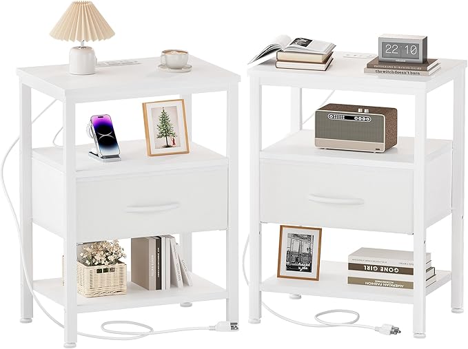 OLIXIS Nightstand with Charging Station, Beside Table with Fabric Drawers | 3-Tier End Table Set of 2 with 2 Storage Shelves,Night Stand with USB Ports and Outlets for Bedroom, White by OLIXIS