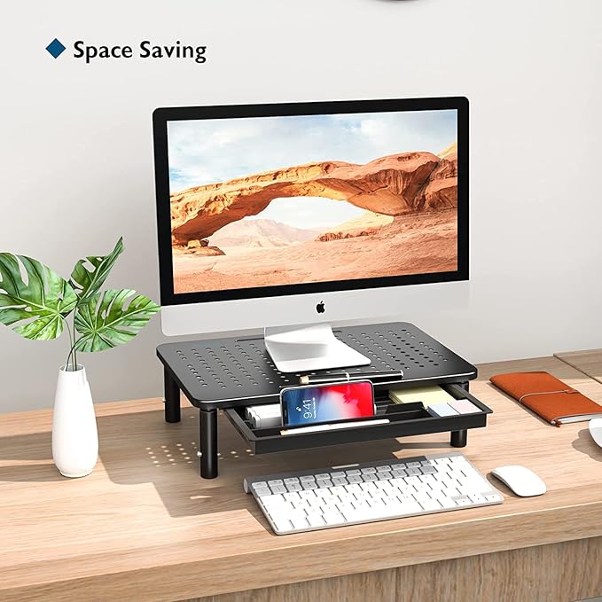 BONTEC 2 Pack Adjustable Monitor Stand Riser with Drawer, Supports 44lbs | Ergonomic Mesh Platform for Desk, Ventilated Laptop and PC Use with Cable Management for a Cooler, Organized Workspace - Image 2