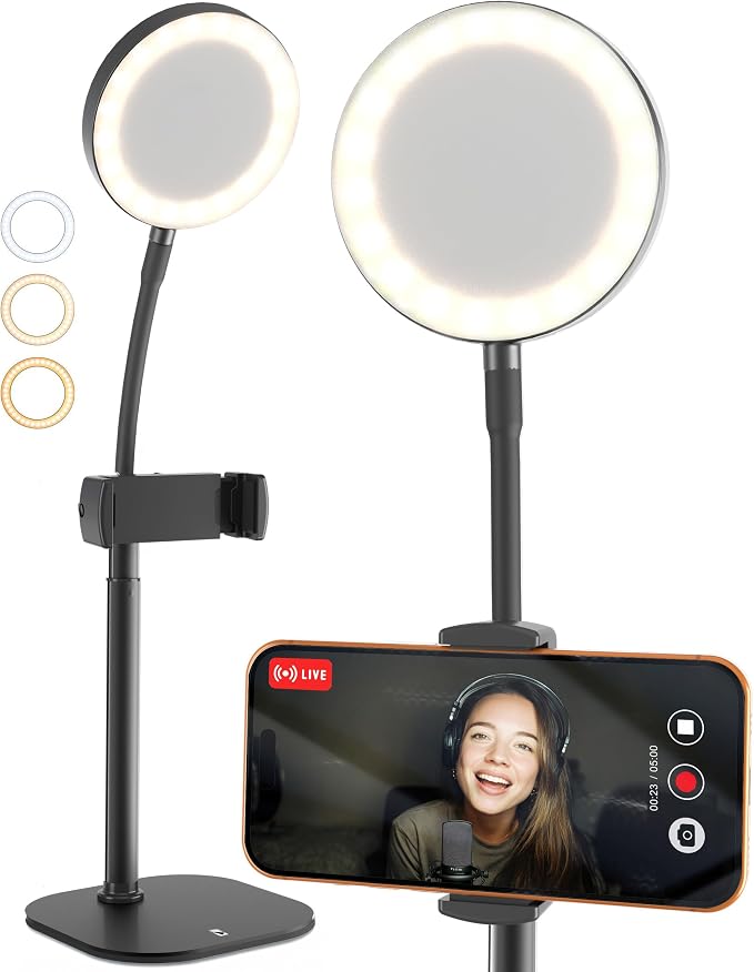 COOPER ChatStand Halo Sturdy Phone Stand for Recording with Light for Desk | 9-13" Adjustable, Weighted Base, iPhone Stand & Phone Holder, Ring Light Tripod for Video Recording, Filming, Fits all Phones by CooperCases