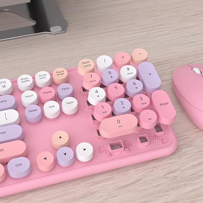 UBOTIE Colorful Wireless Keyboard and Mouse Combo (Pink-Colorful) | Retro Typewriter Floating Full-Sized Keys Computer Keyboard with Optical Mouse, 2.4GHz USB Connection for Windows Mac - Image 4