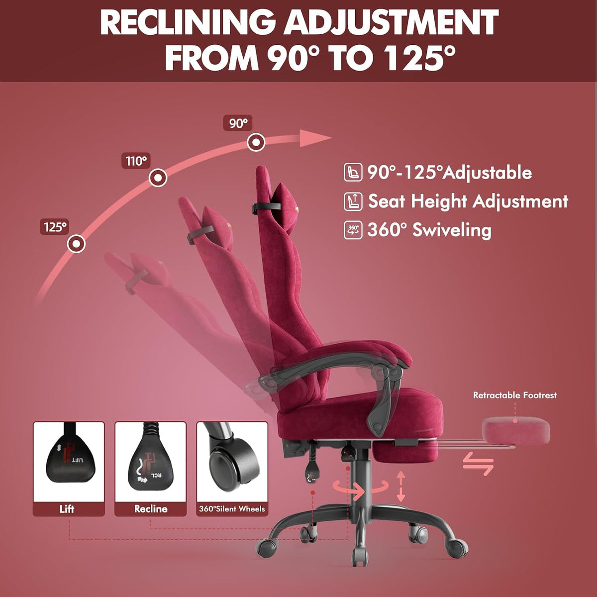Velvet Fabric Gaming Chair - 20.5″ Wider Seat Cushion, Fire Embroidery, Ergonomic High Back Game Chair with Footrest | Computer Chair with Massage Lumbar Support for Adult, Red - Image 8
