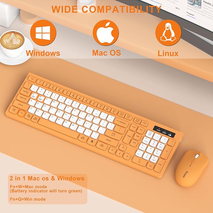 Wireless Keyboard and Mouse Combo Silent for Office and Home(Orange-B) | 2.4G Full Size Silent Cordless Keyboard with Tilt Legs,3-Level DPI Quiet Mouse,for Windows/Mac OS/Desktop/Laptop/PC - Image 6