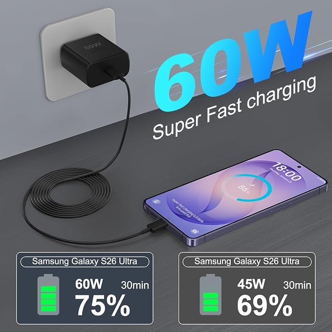 Super Fast Charger Type C 60W USB C Fast Charger Block with 10FT Extra Long Type-C Charging Cord-Super Fast Charging 3.0 for Samsung Galaxy S26 Ultra/S26/S26+/S25 /S24/S23 Ultra/iPhone 17/16/15 - Image 3