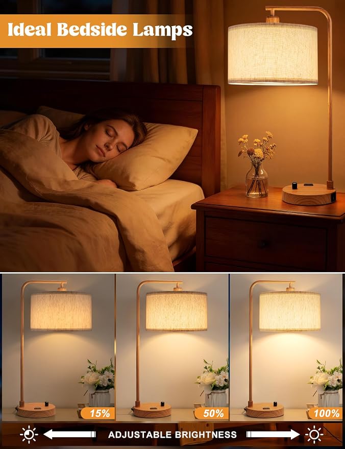 Innqoo Wood Table Lamp for Bedroom with USB Port and Outlet, Dimmable Nightstand Bedside Lamps with Linen Lampshade, Desk Lamp for Home Office, Living Room, Guest Room, LED Bulb Included - Image 3