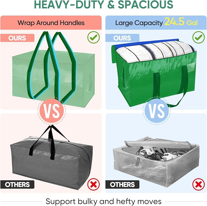 BALEINE 8-Pack Oversized Moving Bags with Reinforced Handles, Heavy-Duty Storage Tote for Clothes, Moving Supplies (Light Green, 8-Pack) - Image 4