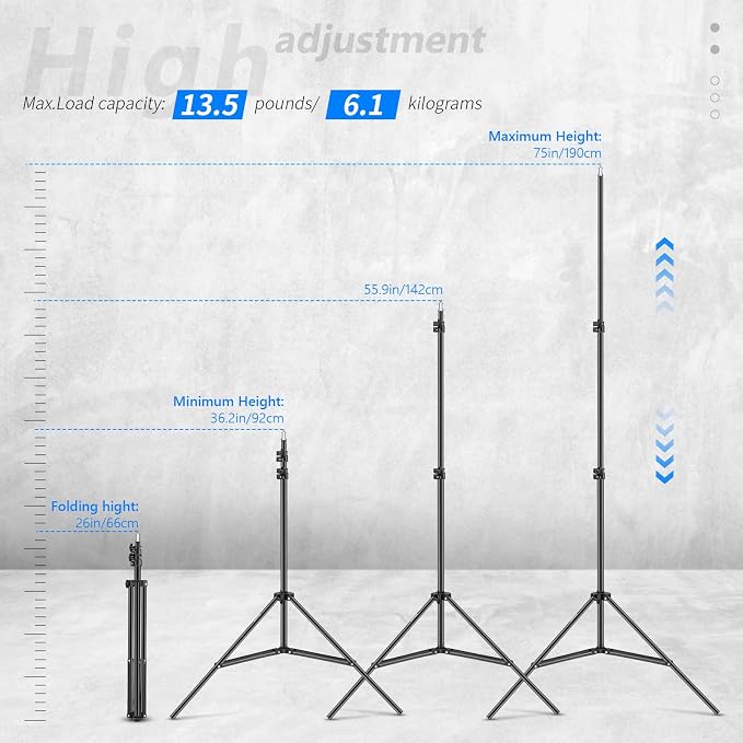 Neewer 6.23 Feet/190CM Aluminum Light Tripod Stands For Studio Kits, Photography Lights, Softboxes(Black,2 Pack) | For Studio Kits, Photography Lights, Softboxes, Black - Image 2
