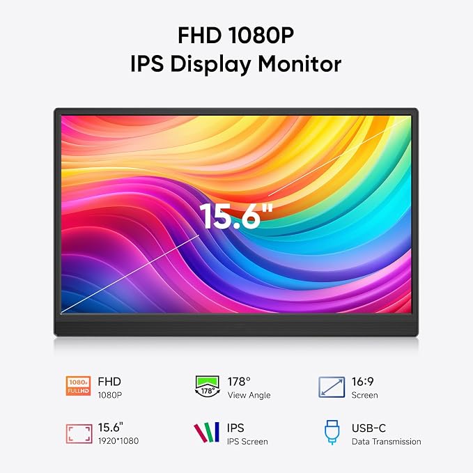 Travel Portable Monitor with Sleeve Bag, 15.6" FHD 1080P Portable Screen for Laptop with Kickstand, USB-C HDMI Second External Monitor, Screen Extender for Laptop Mac Phone PS4/5 Xbox Switch - Black - Image 4