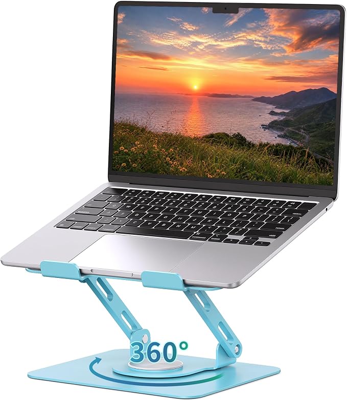 SOUNDANCE 360 Rotating Laptop Stand, Ergonomic Computer Riser for Desk, Adjustable Height Multi-Angle Metal Holder, Foldable Portable Notebook Elevating Base for Office & Home, Blue by Soundance