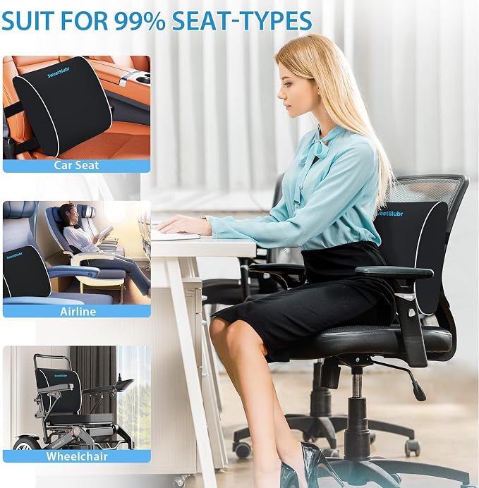 SweetSlubr Lumbar Support Pillow for Office Chair, Back Support(Black,XL) | 4.7" Thick, Memory Foam, Adjustable Straps, Machine Washable Mesh Cover, Lower Back Pain Relief for Office, Car & Gaming - Image 7