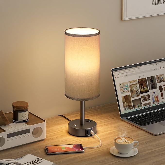 Grey Touch Bedside Lamp for Bedroom, Stepless Dimmable, USB A+C, AC Outlet | Base Touch Button Only, Memory Brightness, Ultra-dim Night Light, Included Bulb for Optimal Dimming, Grey Fabric Shade, Desk - Image 8