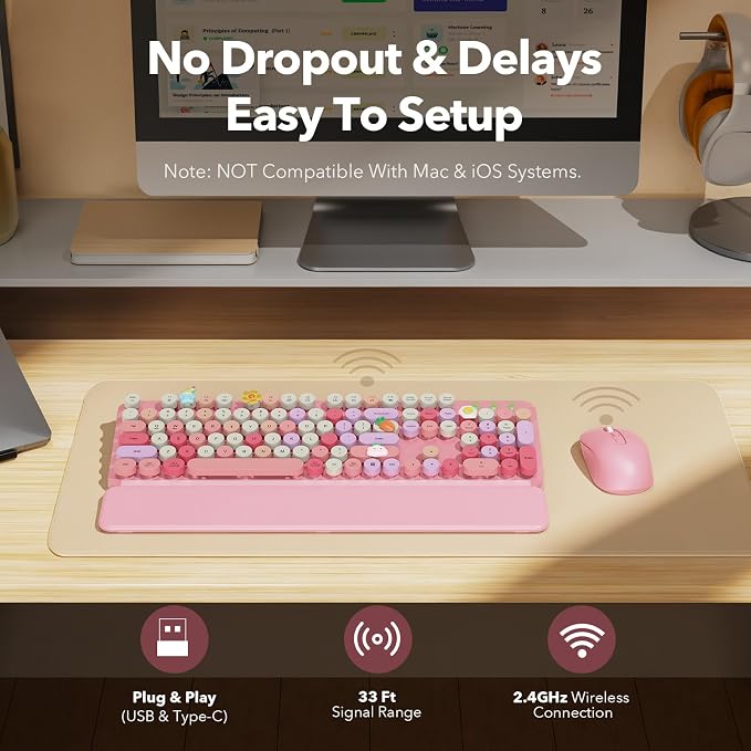 Wireless Keyboard and Mouse Combo, Retro Typewriter Style Keyboard with Round Keycaps, Magnetic Wrist Rest, Full-Size 2.4GHz Cordless for Mac, Windows PC, Laptop, SABLUTE CK23, Cotton Candy Pink - Image 5